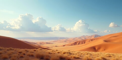 Naklejka premium Soft white clouds drift over vast steppes below, steppes, vastness