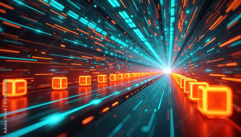 Poster abstract tunnel vision with glowing data flow. futuristic concept with orange cubes, blue lines digi