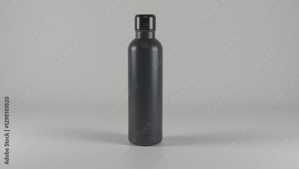 Poster vacuum flask. black bottle is empty on table and is ready to be filled