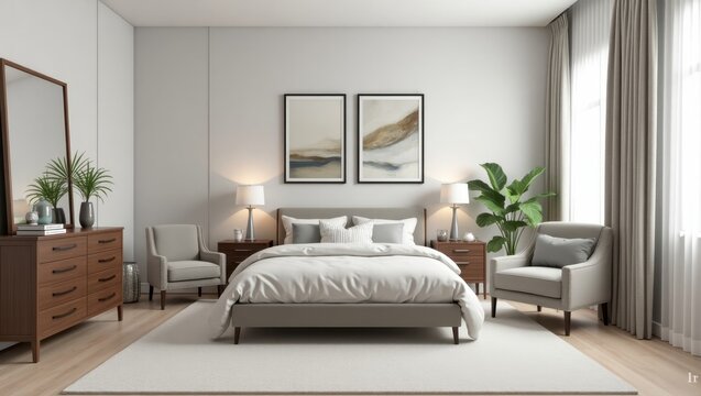 Virtual Staging. Bed is made and has white comforter on it