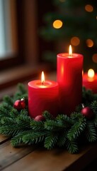 Warm red candles on a wooden wreath create a cozy atmosphere, christmas, wreath