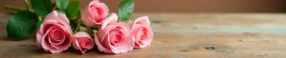 Obraz premium A delicate rose bouquet on a distressed wood table with a subtle tan finish, rustic, tan,