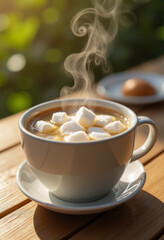 Steaming cup of tea with sugar cubes on rustic wooden table, serene moment