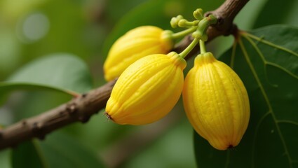 Yellow cacao pods hanging on branch with green leaves in tropical garden, perfect for agriculture, farming, food industry, natural background, fresh organic fruit, healthy lifestyle concept