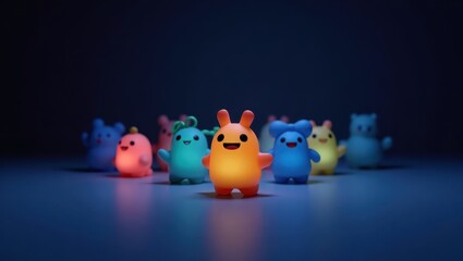 Smiski. Colorful monster toys glowing dark background Halloween decora