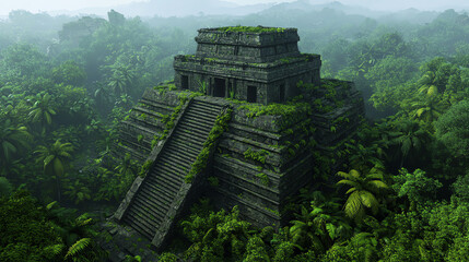 Obraz premium Ancient temple surrounded by lush jungle and misty mountains, evoking mystery