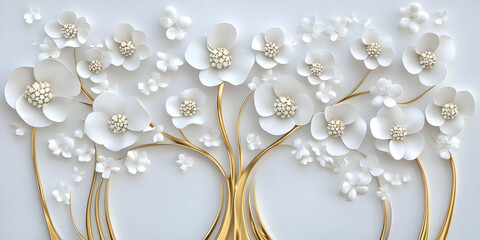 Elegant 3D White Gold Floral Background