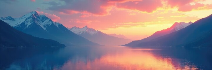 Fototapeta premium A dreamy blend of orange and blue hues fades over a serene mountain landscape, water, horizon