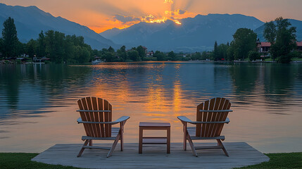 Naklejka premium Lakeside sunset view with two chairs on dock