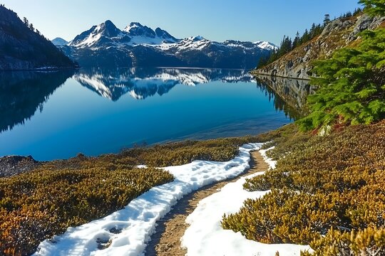 A snow-dusted path leads to breathtaking lake views and majestic mountains.