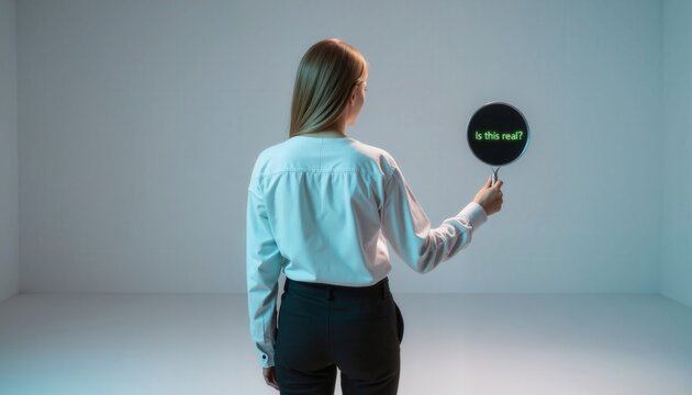 Person questioning reality with magnifying glass and glowing tablet, digital unease - Powered by Adobe