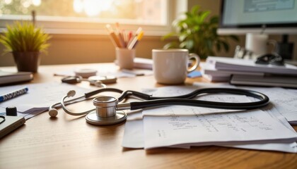 Stethoscope resting on doctor's desk in busy hospital office, healthcare
