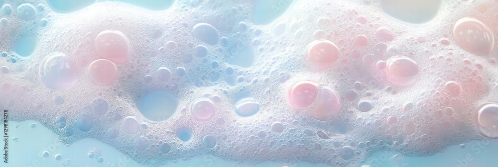 Poster bubbles form a delicate layer on the surface of blue liquid, highlighting soft pink and white tones 
