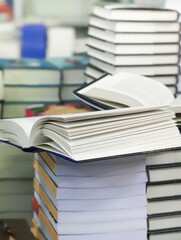 stack of books on the table. open book