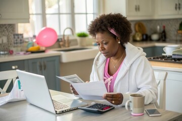 Woman Analyzing Documents with Laptop and Calculator in Bright Kitchen Setting