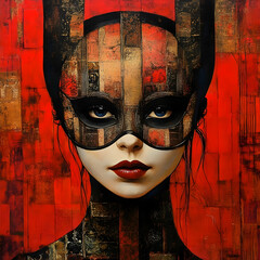 Masked Woman, Red Abstract Background, Portrait Painting