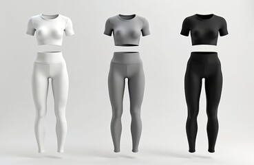 Mockup of compression suit crop top, leggings in white, heather, black colors. Set isolated on background. Sportswear template for female running apparel design. Stylish fashion athletic clothes for