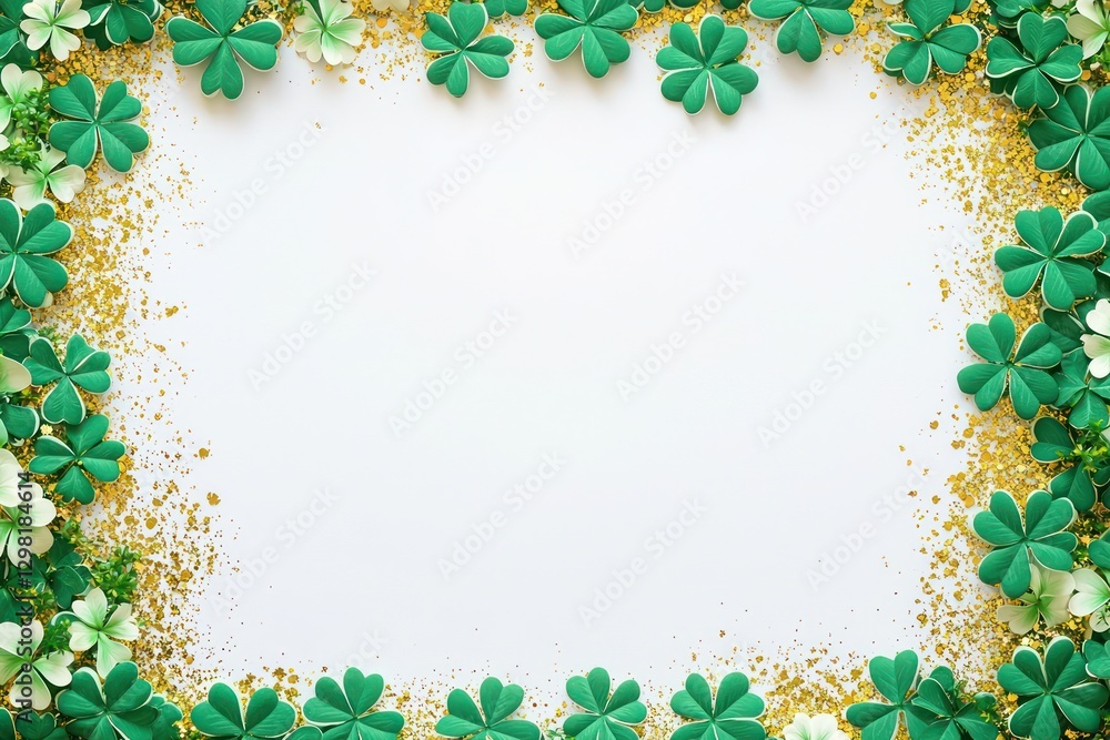 Poster horizontal shamrock border design for st. patrick's day, soft green and gold with empty space.