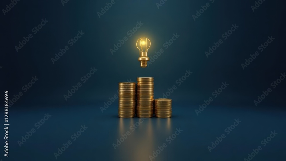 Poster asset tokenization. light bulb is on top of stack of coins