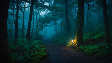 Fototapeta premium A moody, atmospheric image of a dimly lit forest path, with an old lantern illuminating the surrounding area
