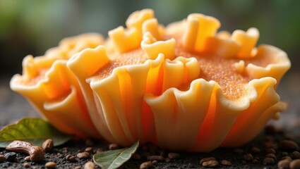 Tremella Mushroom. Yellow orange mushroom close-up on forest floor nat