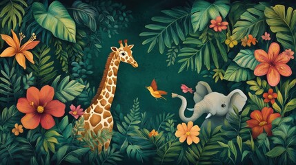 Obraz premium A graceful giraffe stands amidst vibrant greens, its majestic neck arched and gaze gentle as it turns right, eyes scanning curiously to the left within the lush jungle's embrace