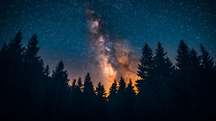 Naklejka premium Milky Way over silhouetted pine forest at night