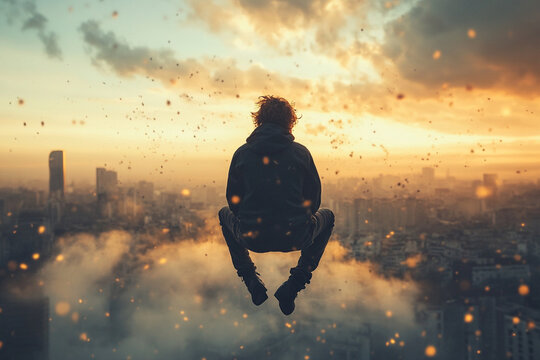 silhouette of a man jumping on the sunset