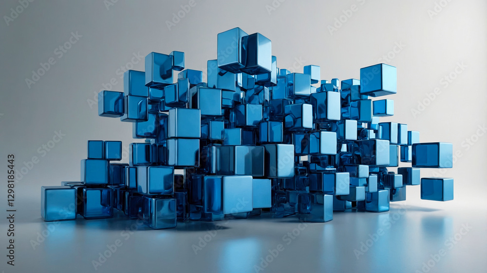 Poster abstract technology composition of a cluster of three-dimensional cubes in varying shades of blue