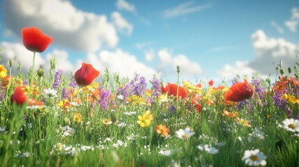 Vibrant wildflower meadow with poppies and daisies under a blue sky