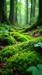 Dense forest floor covered in soft green moss, forest life, green nature wood moss amazing, foliage growth