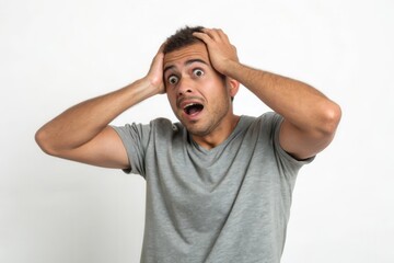 Fototapeta premium A Surprised Young Man Expressing Shock and Disbelief in Front of a Simple White Background