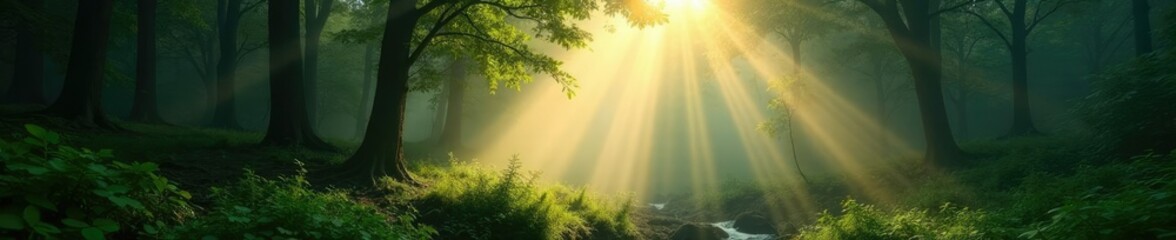 Dense forest with sunlight breaking through morning fog, sunlight, greenery