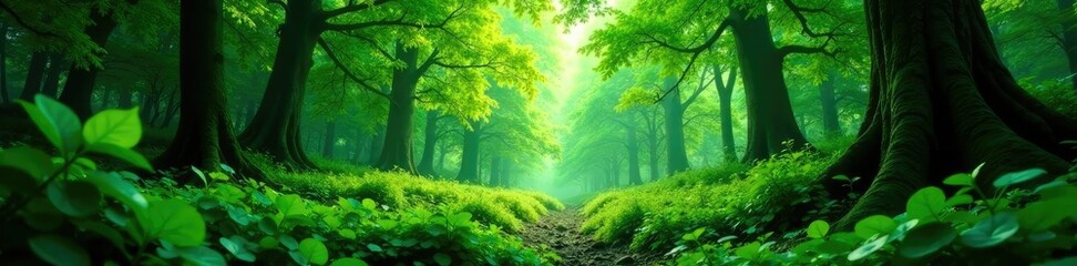 Dense green foliage forms a canopy above the forest floor, shade, leaves, undergrowth