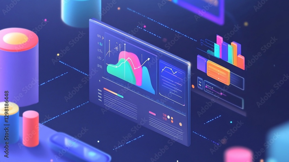 Poster isometric data visualization with vibrant graphs and charts on a dark blue background