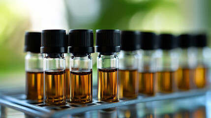 Small glass vials with black caps neatly arranged in a metal rack on a production line symbolize precision mass production and quality control in modern medical manufacturing