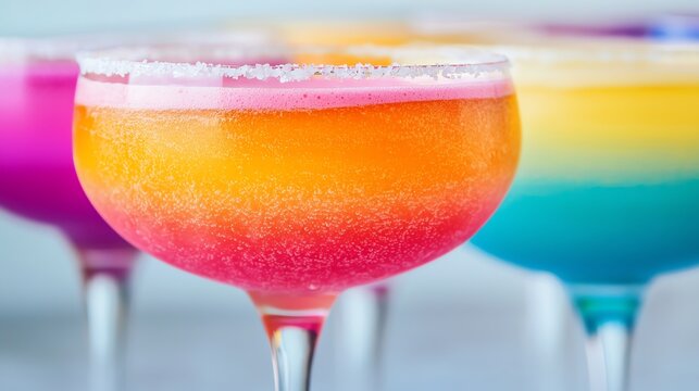 Aesthetic rainbow cocktails, layered drinks, color gradient perfection, vibrant mix