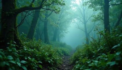 Fototapeta premium Dense thicket of brambles and vines in misty fog, vines, undergrowth