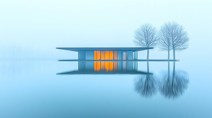 Modern house reflecting in calm winter lake at dawn