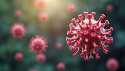 Allergen. Red coronavirus particles close-up, virus spread, pandemic b