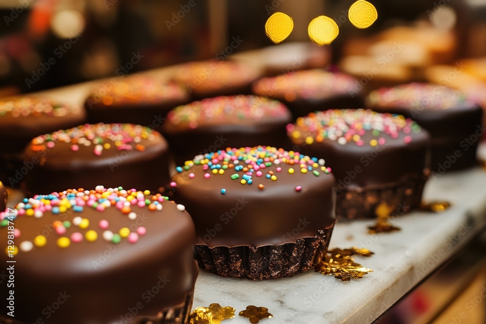 Aufkleber Delicious chocolate cupcakes with colorful sprinkles on display at a festive bakery during the evening hours. Generative AI