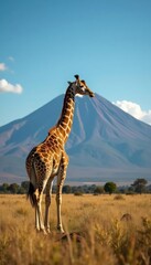 Fototapeta premium Giraffe's long neck stretching towards the summit of Kilimanjaro, solitary, giraffe