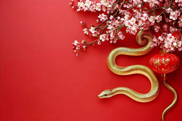 Obraz premium Golden Snake and Cherry Blossoms Illustration