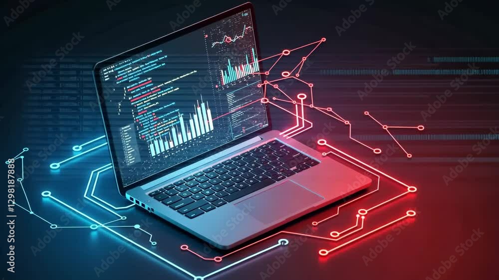 Poster laptop with red and blue circuit patterns and data charts, showcasing advanced technology design