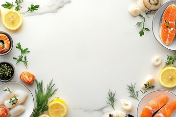 Fresh Seafood Arrangement with Lemon and Herbs on Marble Background