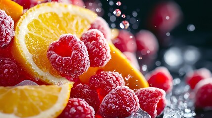 Fruity cocktail explosion, mixed citrus wedges, frozen raspberries, vibrant artistic composition