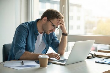 Naklejka premium Young Man Facing Stress While Working on Laptop in Modern Office Environment with Sunlight