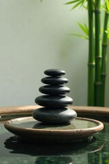 Minimalist bamboo fountain with smooth black stones pyramid, bamboo, serene, water