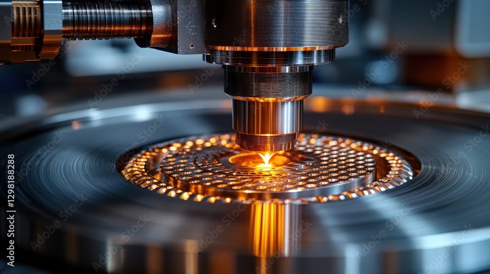Poster precision laser cutting machine in action, close-up view of intricate metalwork and glowing sparks. 