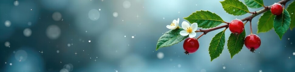 mistletoe sprig with attached tiny berries and white flowers on a frosty windowpane, mistletoe, evergreen, sparkle